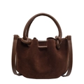 Retro dark brown matte suede bucket bag with knotted leather handle and drawstring closure - Brown