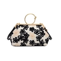 Μπεζ τσαντάκι clutch με μαύρο κέντημα λουλουδιών και χρυσή μεταλλική λαβή - Λευκό