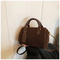Dark brown faux shearling Boston bag with plush texture and golden hardware details - Brown