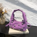 Purple suede shoulder bag with silver spherical rivets and matching slim strap - Purple