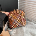 Colorful hand-woven crossbody shell bag with brown zipper and pink strap for women - Colorful