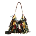 Borsa tote boho multicolore con frange, texture esotiche e manico in pelle marrone - Verde