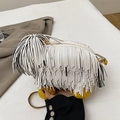 Creative white puppy-shaped crossbody bag with yellow base and trendy fringe details - White