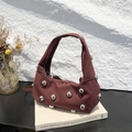 Vintage burgundy underarm bag with matte texture and decorative silver metal beads - Burgundy