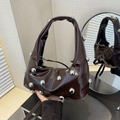 Chocolate brown faux leather dumpling bag with silver rivet spheres and shoulder strap - Brown