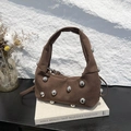 Vintage dark brown suede underarm bag with large silver round rivets and long strap - Coffee