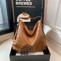 Brown large capacity soft leather tote bag with adjustable strap in a gift box - Brown