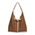 Brown leather shoulder bag with white plush shearing trim and vintage hobo bucket design - Brown