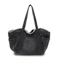 Sac fourre-tout en denim noir délavé avec bords effilochés et grande contenance - Noir