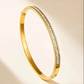 Polished titanium steel gold bangle with paved zircon crystals and hinged closure - Gold
