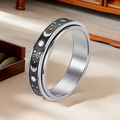 Stainless steel spinning ring featuring silver celestial moon and sun engraving - Silver Black Moon Phase (1-C-4)