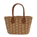 Sac fourre-tout en paille tissée avec poignée en cuir PU et renfort en cœur - Kaki