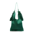 Dark green shoulder bag with unique ruffle pleats in soft knit fabric for women - Green