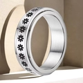 Minimalist silver stainless steel spinner ring with black daisy floral patterns - Silver Sunflower (1-C-2)