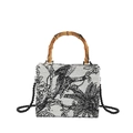 Borsa tote in tessuto Toile de Jouy con manico in bambù e tracolla in perline nere - Nero