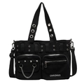 Borsa tote in tela nera stile punk con borchie e catena in metallo da donna - Nero