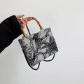 Tropical jungle pattern box clutch with bamboo handle and black beaded strap - Black