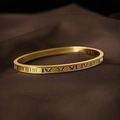 Polished gold stainless steel bangle featuring Roman numerals on a dark silk backdrop - Gold Roman Numeral (40甲-D-9)