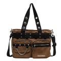 Sac fourre-tout marron en toile punk avec rivets argentés et chaînes métalliques - Beige