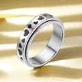 Silver stainless steel spinner ring with black heart patterns and brushed metal finish - Silver Heart (1-D-4)