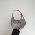 Sparkly silver sequin hobo bag with pink leather trim and metallic buckle accents - Full Rhinestone Pink Trim (3299) / Pink