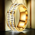 Luxurious double-row crystal paved gold titanium steel ring with sparkling zircon details - 34-c-5 Gold Two-row Glue Rhinestones / Size 5