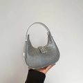 Sparkly silver sequin moon-shaped hobo bag with a metallic finish for women - Full Rhinestone Silver Trim (3299) / Silver