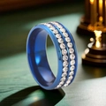 Blue stainless steel ring featuring double rows of inlaid sparkling crystals - 34-d-2 Blue Two-row Glue Rhinestones / Size 5