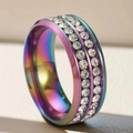 Rainbow gradient titanium steel ring with double row of zircons in a channel setting - US 5