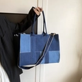 Bolso tote grande de patchwork denim azul con correa de hombro ancha extraíble - Azul oscuro