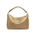 Champagne gold woven leather hobo bag with adjustable strap and metal zipper closure - Gold