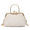 White floral jacquard evening clutch with golden ring handle and sequins - White