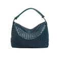 Premium teal woven leather hobo bag with top handle and intricate braided pattern finish - Blue