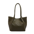 Handwoven deep olive green tote bag in vegan leather with structured handles - Olive Green