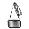 Shiny black camera bag with silver studs and geometric pattern wide shoulder strap - Black
