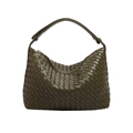 Minimalist woven hobo shoulder bag in dark olive green leather with textured finish - Olive Green