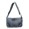 Blue acid wash denim crossbody bag with metal rivets and adjustable wide strap - Denim Blue