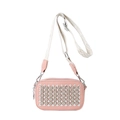 Pink rhinestone crossbody camera bag with sparkly studs and woven adjustable strap - Pink