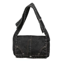 Vintage dark gray denim crossbody bag with orange contrast stitching and metal rivets - Black