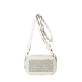 White crossbody camera bag with sparkling silver studs and chevron pattern wide strap - White