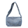 Light blue denim crossbody bag with vintage rivets and wide strap shown on white background - Light Blue