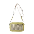 Olive green crossbody camera bag featuring silver rivets and sparkling rhinestones - Green