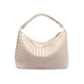 Elegant off-white woven hobo shoulder bag with Intrecciato pattern and metal zipper - Apricot