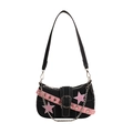 Black Y2K shoulder bag with pink star patch and eyelet strap in matte finish - Style 1 (7703)