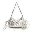 Silver quilted hobo shoulder bag with bow detail and metallic chain handle - Silver