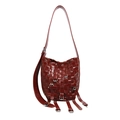 Sac seau en cuir tressé marron rouge foncé avec boucles argentées et lanières franges - Bordeaux