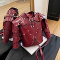 Deep red punk armor shoulder bag with faux leather jacket details and metal studs - Burgundy