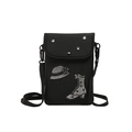 Black mini crossbody phone bag with rhinestone trim and retro hat embroidery detail - Rhinestone High Heels Decor / Black
