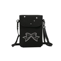 Mini black crossbody cell phone bag with rhinestone bow detail and canvas texture - Bowknot Decoration Style / Black