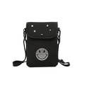 Small black nylon crossbody phone bag featuring a rhinestone smiley face and strap - Rhinestone Smile Face Decor / Black